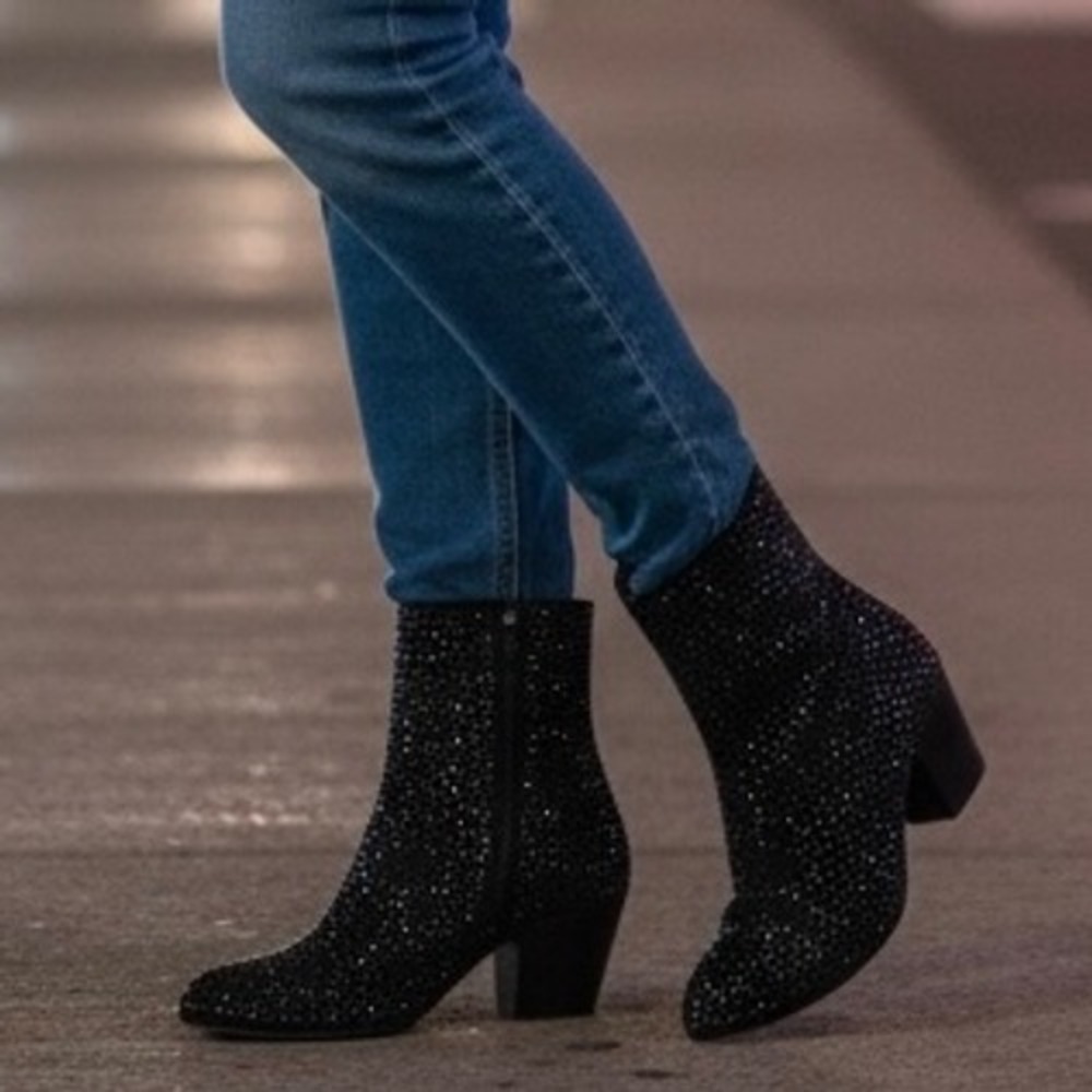 Eva & Zoe Athens Black‎ Rhinestone Embellished Ankle Boots Block Heel Womens 9M